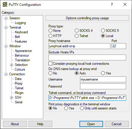 Putty Configuration: Connection - Proxy