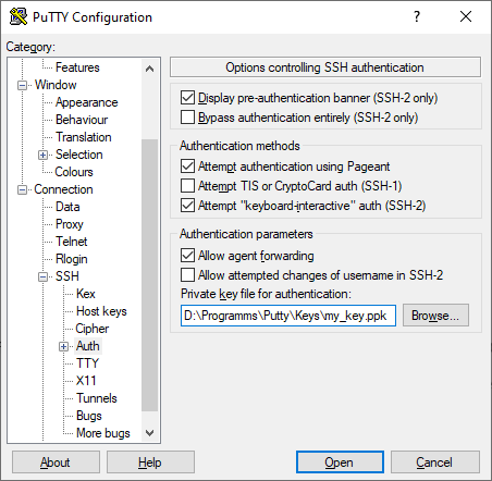 Putty Configuration: Connection - SSH - Auth